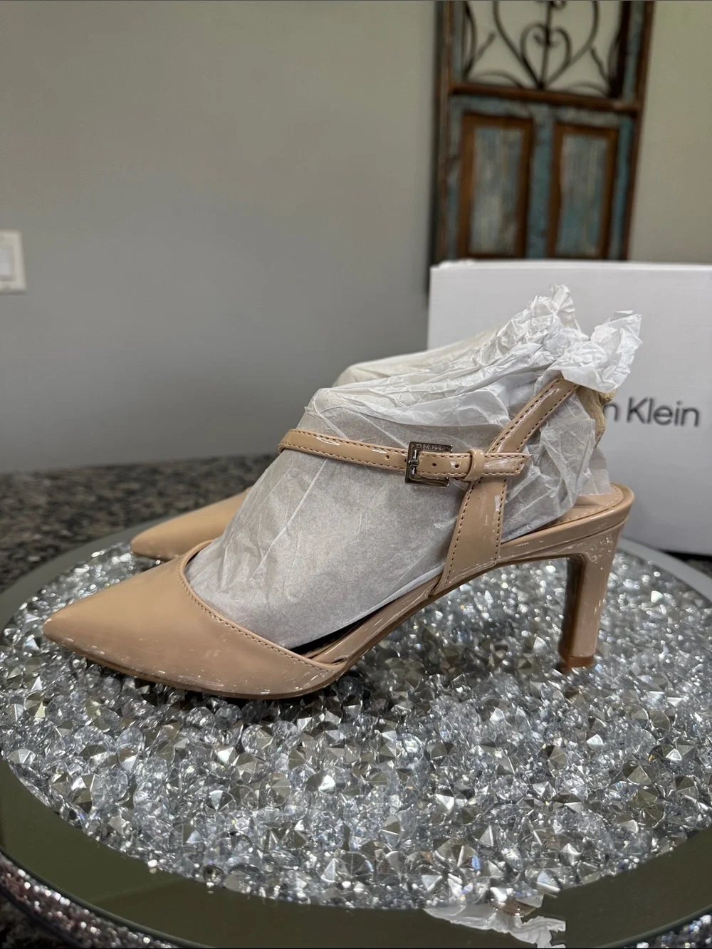 Calvin Klein nude Patent Slingback kitten heel Pumps NEW 7.5